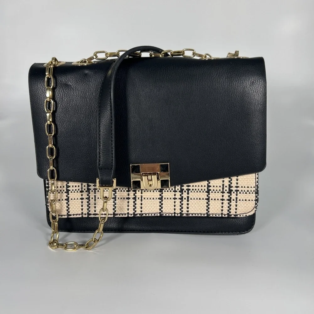 New PARFOIS Crossbody Bag Navy‎ Blue Scottish Plaid Gold Hardware Preppy Classic